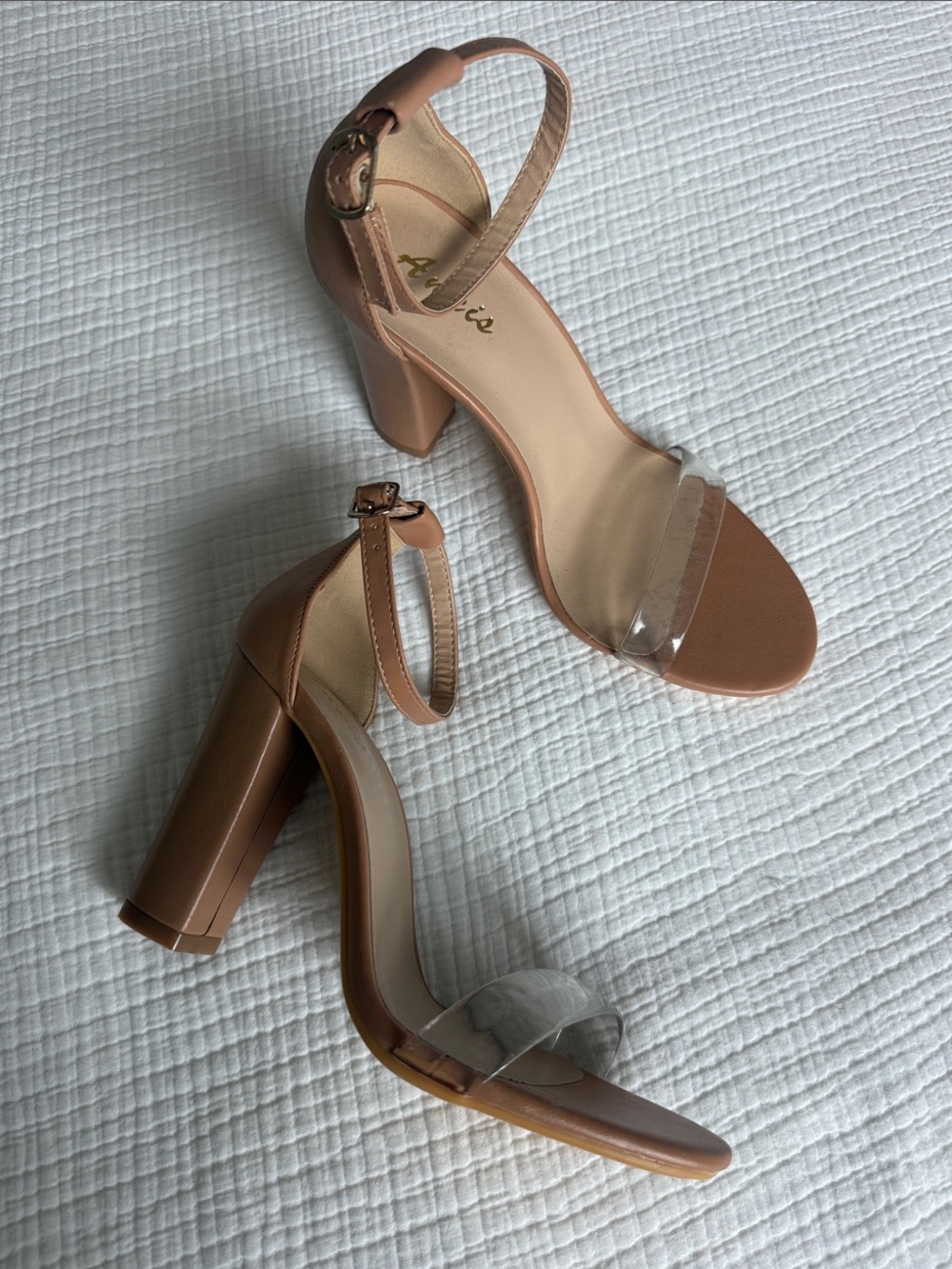 Clear-Strap Block Heel Sandals in Tan